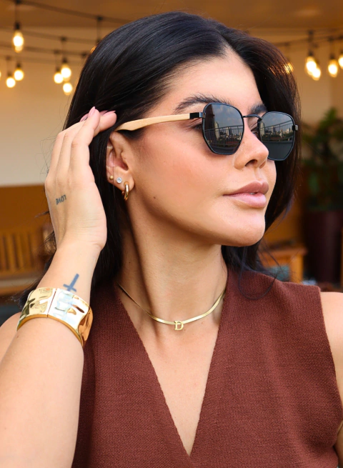 Óculos de Sol Hexagonal Madeira Preto - comprar online