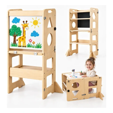 Torre De Aprendizaje Montessori 3 En 1 Plegable Con Pizarra