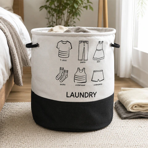 Canasto Organizador de Ropa Plegable 48cm Bicolor Blanco y Negro