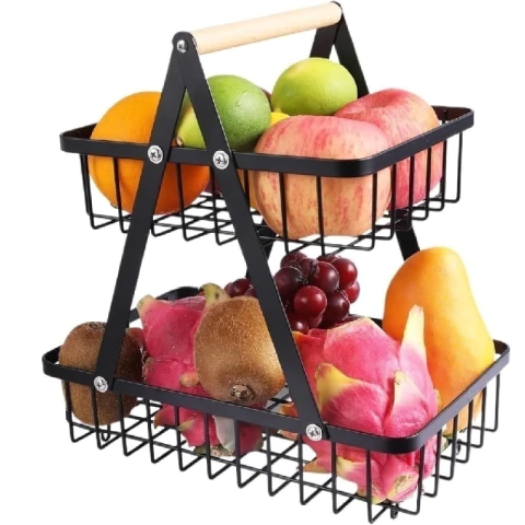 Canasto Organizador de Frutas 2 Niveles Hierro c/ Manija Bamboo