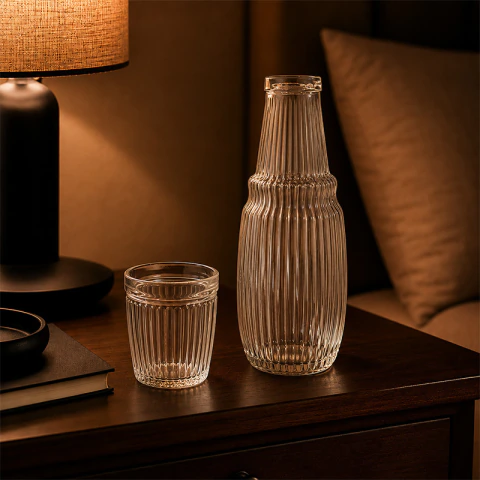 Botella de Vidrio + Vaso de Noche 1200ML Vidrio labrado estilo rayado