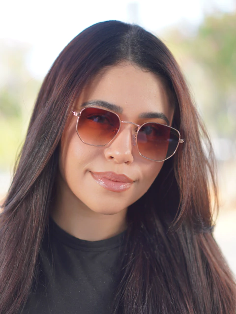 Óculos de Sol Octogonal Viviane | Sousa - Marrom Degradê/Rose Gold - Metal - comprar online