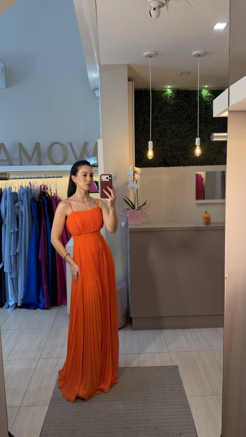 Vestido plissado acinturado - Laranja