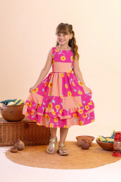 Vestido Infantil Médio Estampado Xadrez Girassol Feminino - EDUARDA na internet