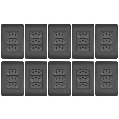 Kit 10 conjuntos tomadas triplas 10a 3 pinos fame habitat black