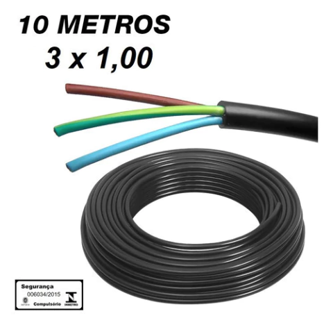 Kit 10 Metros Cabo PP 3X1,00mm Preto