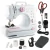 Máquina de coser portátil Gadnic blanca con detalles en rosa, acompañada de accesorios como tijeras, pedal, bobinas y aguja