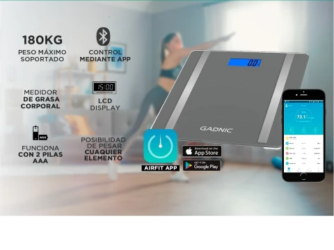 Balanza digital Gadnic G07 con conexión Bluetooth, pantalla LCD y control mediante aplicación móvil AirFIT para medir peso y grasa corporal