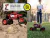 Auto a control remoto rojo modelo camioneta 4x4 con suspensión, manejado por un niño en un parque, mostrando controlador con 4 direcciones