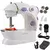 Máquina de coser Gadnic SW2000 portátil color blanco con detalles lilas, junto a accesorios como carretes, adaptador y pedal