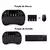Imagem de um mini teclado sem fio com funções de mouse e teclado, mostrando comparações com um mouse e um teclado convencional.