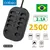 Extensão com filtro de linha e tomada USB, com 10 tomadas e 3 portas USB, mostrando informações sobre corrente máxima e potência.