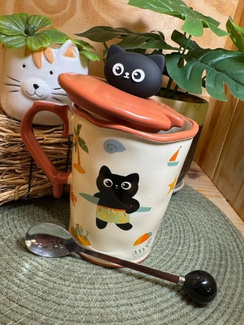 TAZA CON TAPA Y CUCHARA - CERAMICA - GATO 500 ML