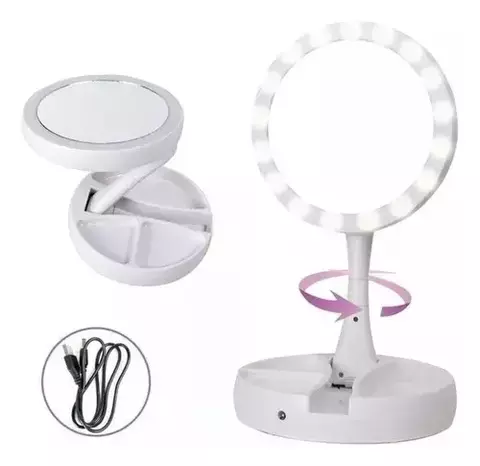 ESPEJO DOBLE LUZ LED ORGANIZADOR PLEGABLE CABLE USB PILA