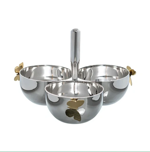Petisqueira Farfalia Em Aço Inox Com 3 Divisórias -20xl20xa14,5cm