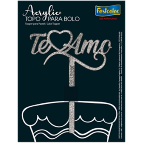 TOPO DE BOLO ACRÍLICO TE AMO GLITTER PRATEADO - 01 UNIDADE