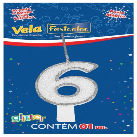 VELA GLITTER PRATA Nº 6 - 01 UNIDADE