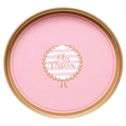 BANDEJA DECORATIVA FELIZ PÁSCOA ROSA 26,5CM - 01 UNIDADE