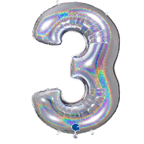 BALÃO METALIZADO NÚMERO 3 HOLOGLITTER PRATA 40" - 01 UNIDADE