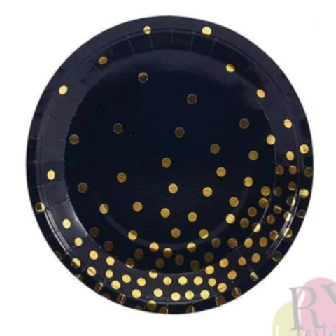 PRATO DE PAPEL PRETO COM POÁ DOURADA (18CM) C/10 PEÇAS - 01 UNIDADE