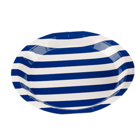 PRATO DE PAPEL DESCARTÁVEL REDONDO LISTRADO AZUL ROYAL - 08 UNIDADES