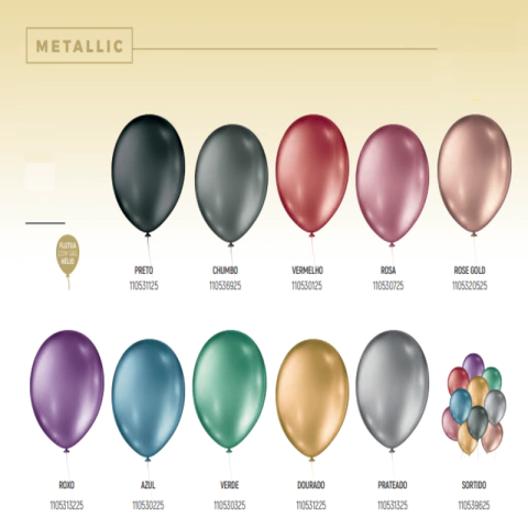 BALÃO 11 pol. METALLIC BALLOON SORTIDO Com 25 UNIDADES - 01 UNIDADE