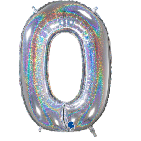 BALÃO METALIZADO NÚMERO 0 HOLOGLITTER PRATA 40" - 01 UNIDADE