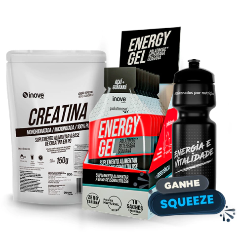 Energy Gel Palatinose 1 display com 10 Unidades + Creatina 150g + Ganhe 1 Squeeze