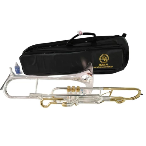Trombone de Pisto HS MUSICAL Curto Bb Sib HSS761 Prata com Detalhes Dourados