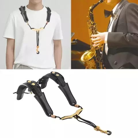 Correia para Saxofone Tipo Suspensório Desfile Dupla Alça de Ombro Pescoço Couro e Metal
