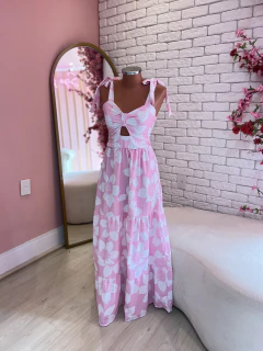 Vestido Longo Alça amarração Floral Rosa PP-36 - Talu