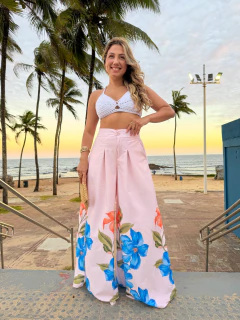Calça Pantalona Floral azul e laranja 38-42/44