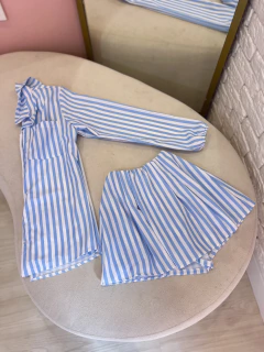 Conj. Listras blusa + short saia pinça Azul- 38