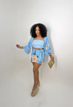 Conjunto Kimono + short saia Rosas P-38/40 Azul