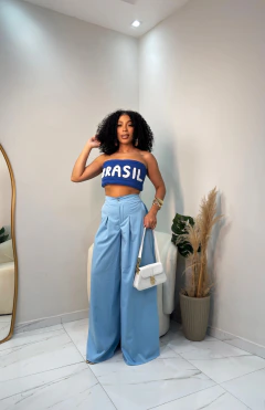 Calça Pantalona Azul Linho Fake 38/44