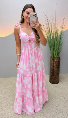 Vestido Longo Alça amarração Floral Rosa PP-36 - comprar online