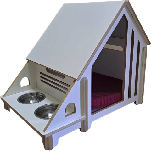 Cucha Casita Perro Gato Madera Nordico Comedero 60x41x51 Cm - comprar online