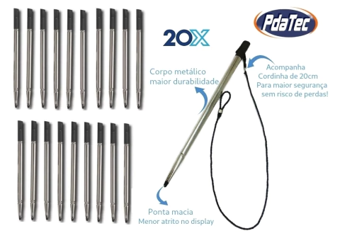 kit 20 Canetas Metálica para Coletores de Dados com Tela Resistiva - Com corda 20cm