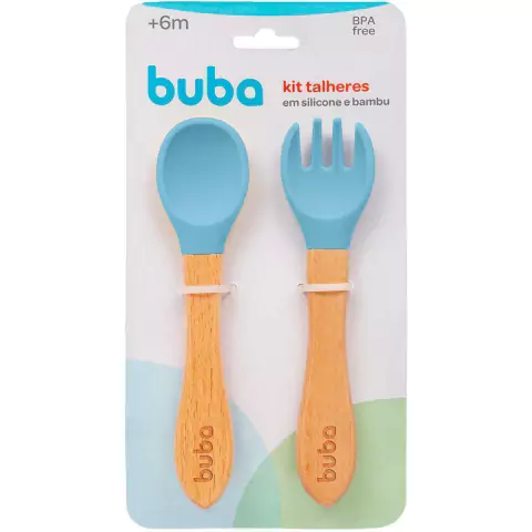 Kit Talheres - Silicone e Bambu - Azul - Buba