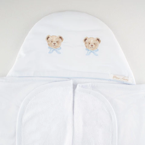 Toalha de Banho Aveludada com Capuz Bordada Ursinhos com Cachecol Azul - comprar online