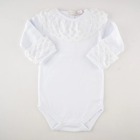 Body Manga Longa com Pala Rendadas de Florzinhas e Pérolas - comprar online