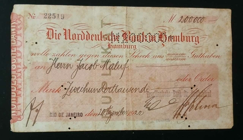 Cheque Norddeutsche Bank - 1922 - comprar online