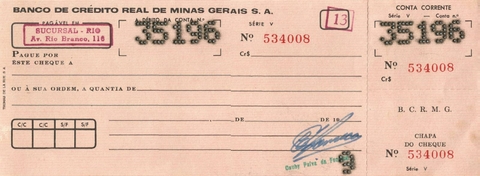 Cheque Banco de Crédito Real de Minas Gerais S. A. - Século 20 - comprar online