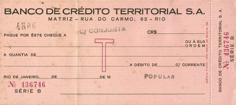 Cheque Banco de Crédito Territorial, Rio de Janeiro - Século 20 - comprar online