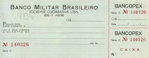 Cheque Banco Militar Brasileiro, Porto Alegre - Século 20 - comprar online