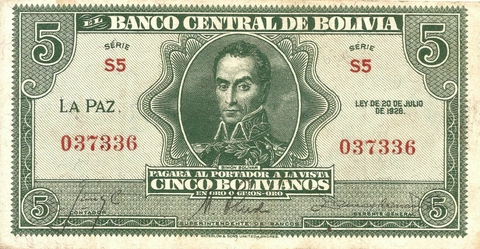 Bolívia, 5 Bolivianos - 1928 - comprar online