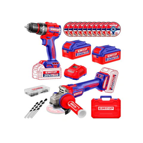 Taladro Atornillador Percutor 20v 66nm + Amoladora 115mm Con 2 Baterias de 4ah ECKL20256-4 Emtop Combo Brushless Sin Carbones
