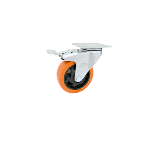 Rueda PU Naranja 75mm Base Giratoria Con Freno 19833 - Peso máximo 100kg