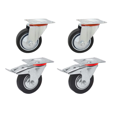 Combo 4 Ruedas 75mmChapa Goma Base Giratoria 2 Con Freno y 2 Sin Freno Oxen Peso Máx 50kg