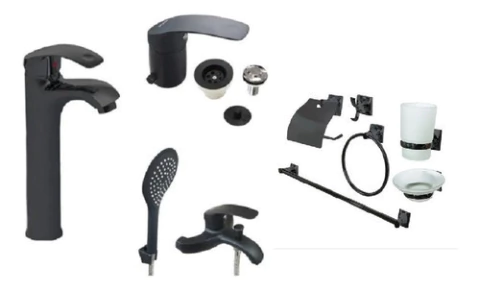 Juego Griferia Baño Y Accesorios 6 Piezas Negro Vitra Mozart